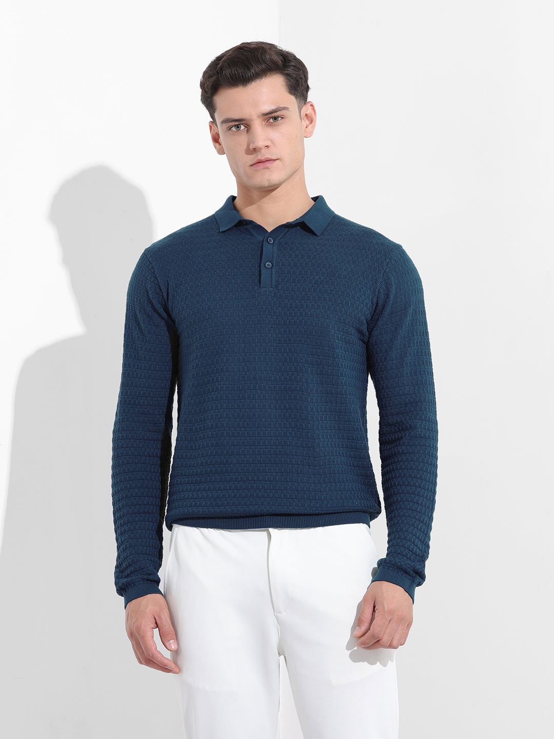 Men's Blue Slim Fit Textured Flat Knit Polo Collar T-Shirt
