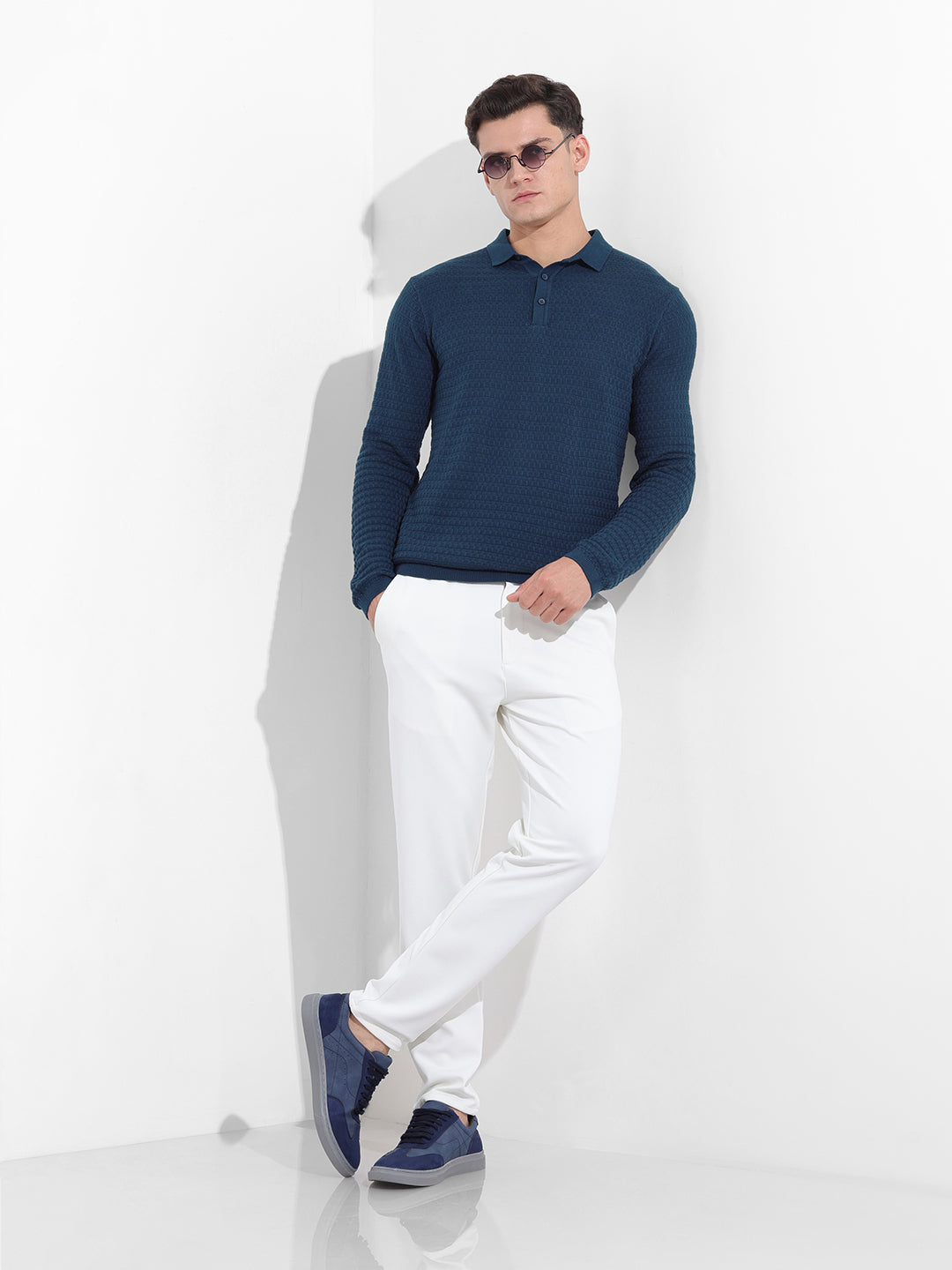 Men's Blue Slim Fit Textured Flat Knit Polo Collar T-Shirt