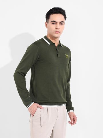 Men's Olive Slim Fit Textured Flat Knit T-Shirt