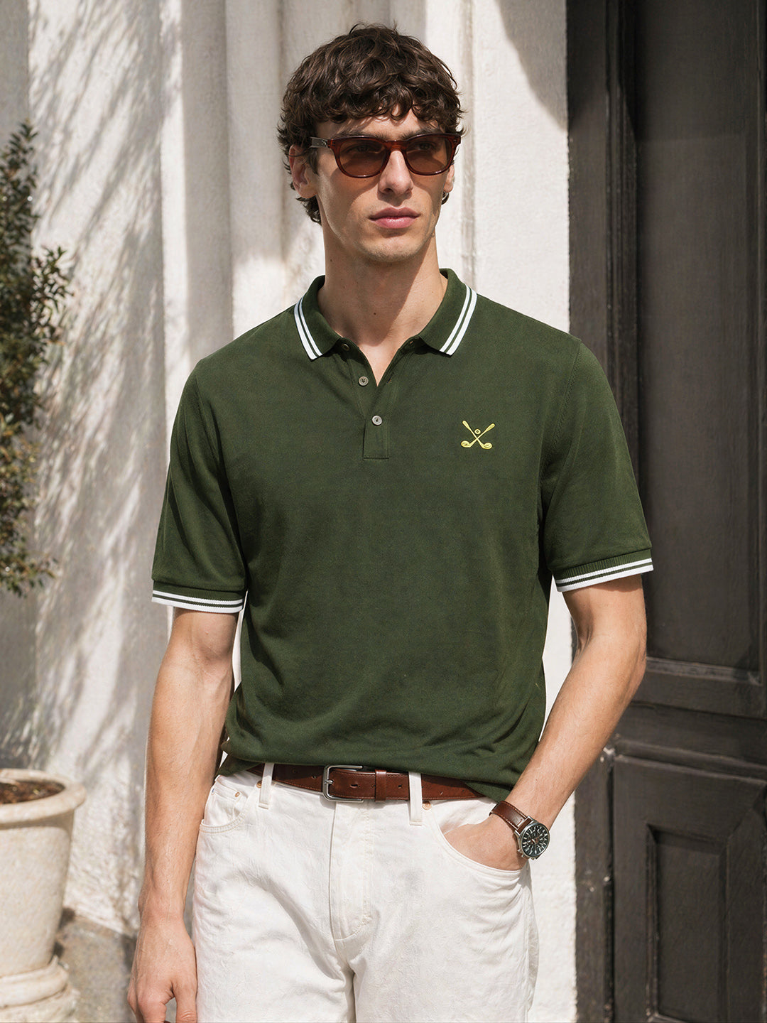 Men's Olive Slim Fit Textured Flat Knit T-Shirt