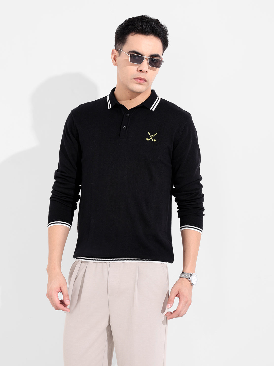 Men's Black Slim Fit Textured Flat Knit T-Shirt