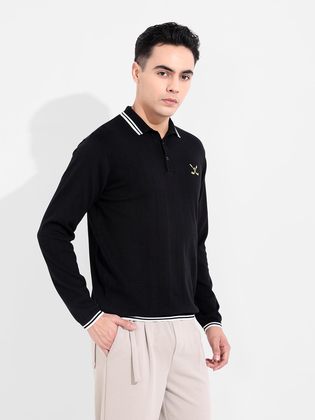 Men's Black Slim Fit Textured Flat Knit T-Shirt