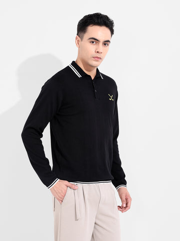 Men's Black Slim Fit Textured Flat Knit T-Shirt