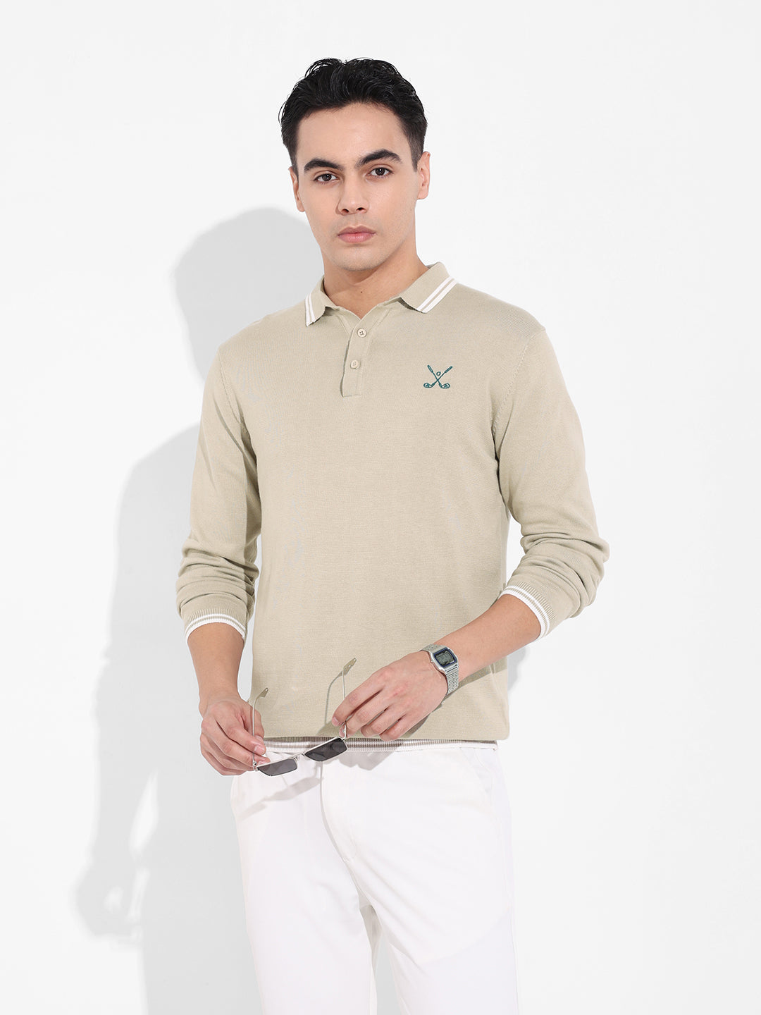 Men's Beige Slim Fit Textured Flat Knit T-Shirt