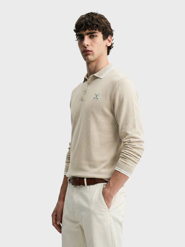 Men's Beige Slim Fit Textured Flat Knit Polo T-Shirt