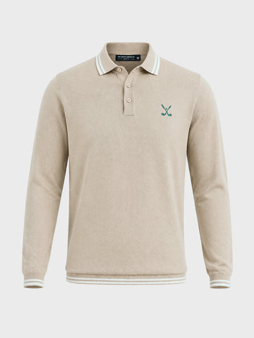 Men's Beige Slim Fit Textured Flat Knit Polo T-Shirt