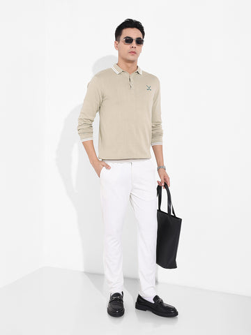 Men's Beige Slim Fit Textured Flat Knit T-Shirt