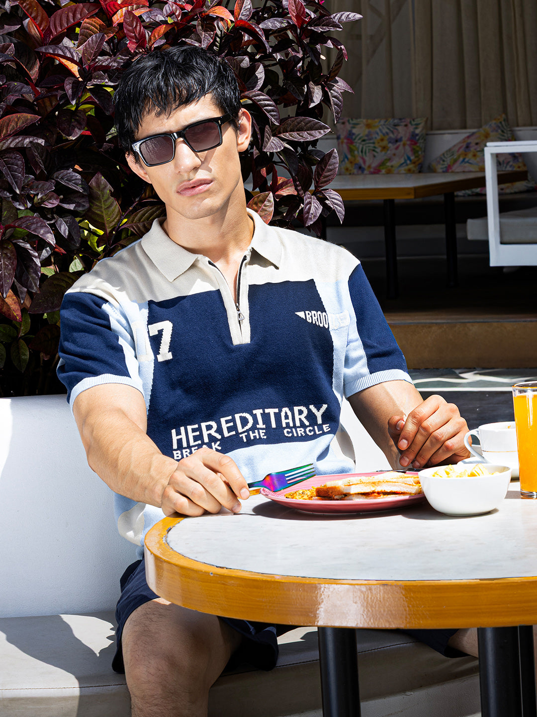Men's Navy Blue Oversized Fit Solid Flat Knit T-Shirt