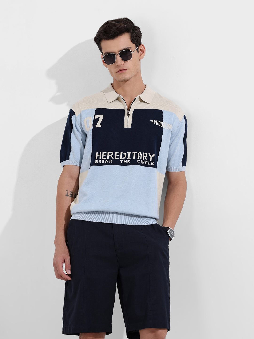 Men's Navy Blue Oversized Fit Solid Flat Knit T-Shirt