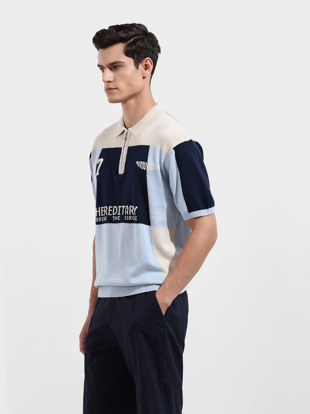 Men's Navy Blue Oversized Fit Solid Flat Knit T-Shirt