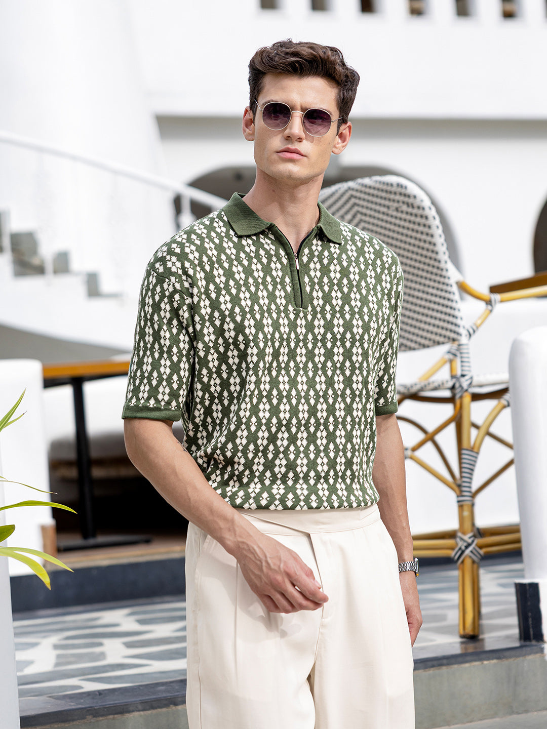 Men's Green Oversized Fit Textured Flat Knit Polo Collar T-Shirt