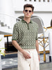 Men's Green Oversized Fit Textured Flat Knit Polo Collar T-Shirt