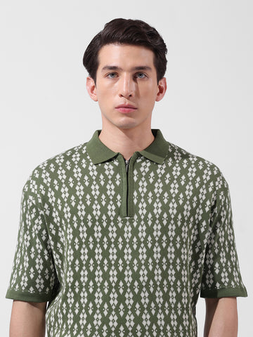 Men's Green Oversized Fit Textured Flat Knit Polo Collar T-Shirt