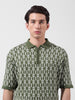 Men's Green Oversized Fit Textured Flat Knit Polo Collar T-Shirt