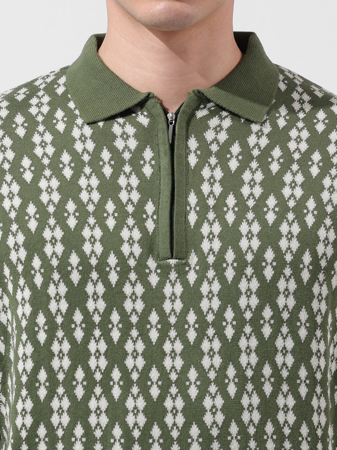 Men's Green Oversized Fit Textured Flat Knit Polo Collar T-Shirt