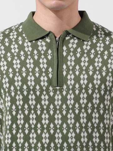 Men's Green Oversized Fit Textured Flat Knit Polo Collar T-Shirt