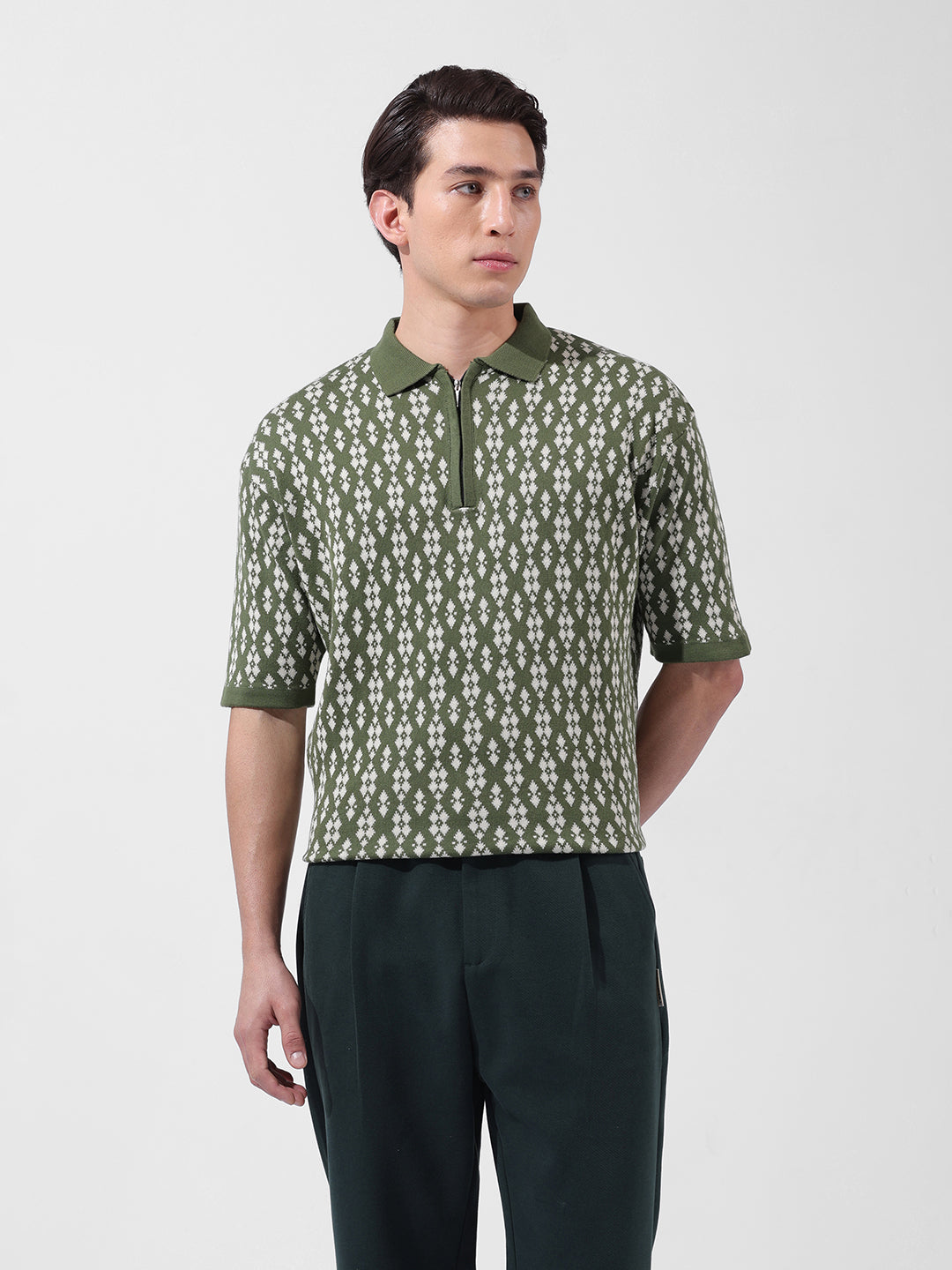 Men's Green Oversized Fit Textured Flat Knit Polo Collar T-Shirt