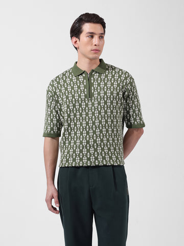 Men's Green Oversized Fit Textured Flat Knit Polo Collar T-Shirt