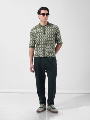 Men's Green Oversized Fit Textured Flat Knit Polo Collar T-Shirt