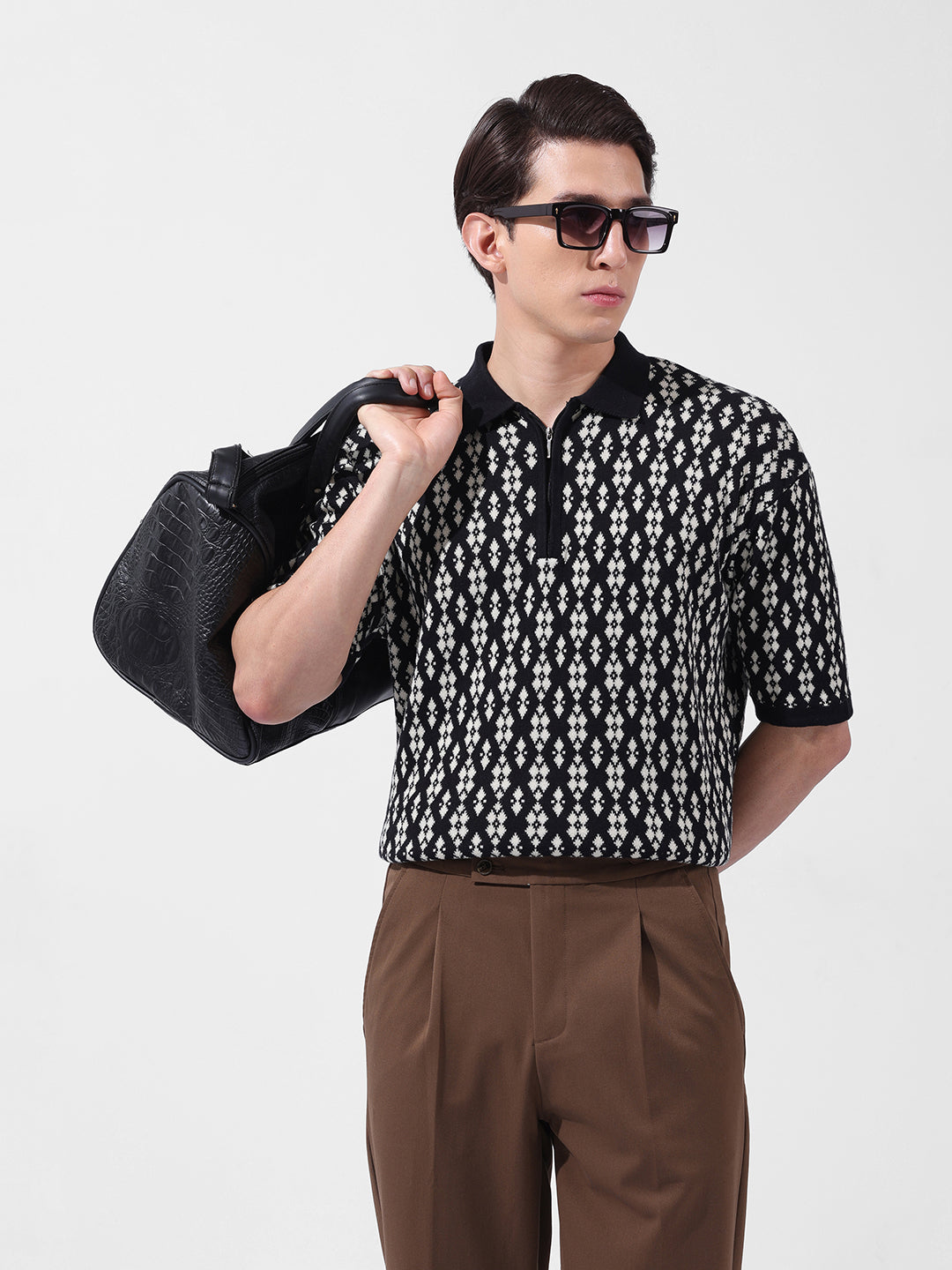 Men's Black Oversized Fit Textured Flat Knit Polo Collar T-Shirt