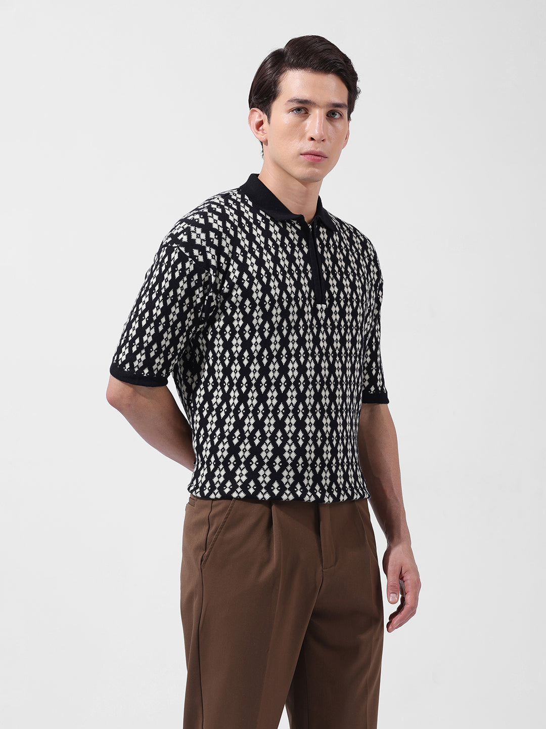 Men's Black Oversized Fit Textured Flat Knit Polo Collar T-Shirt