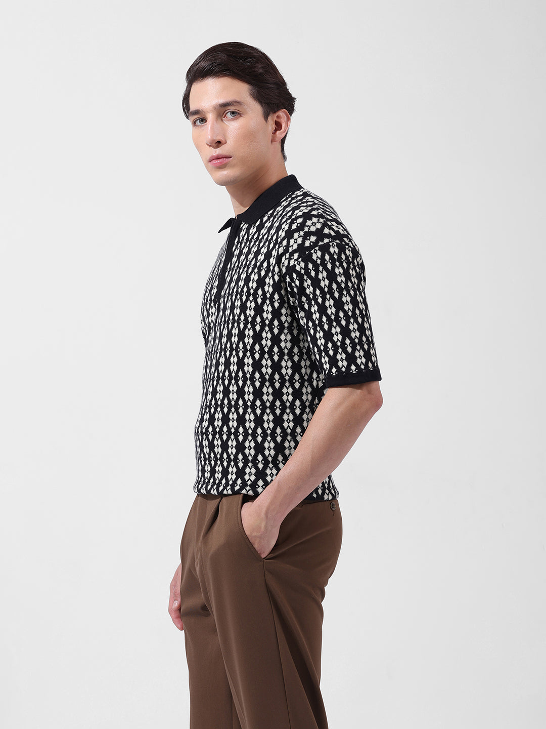 Men's Black Oversized Fit Textured Flat Knit Polo Collar T-Shirt