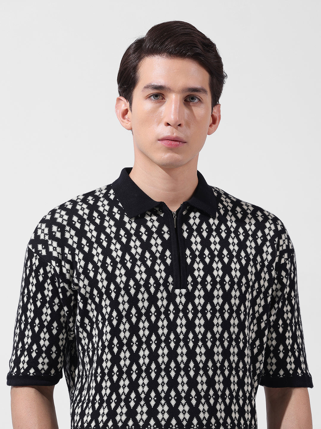 Men's Black Oversized Fit Textured Flat Knit Polo Collar T-Shirt