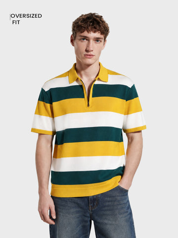 Men's Yellow Oversized Fit Colourblocked Flat Knit Polo T-Shirt