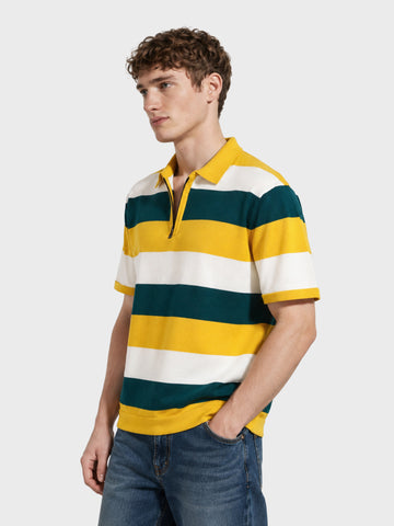 Men's Yellow Oversized Fit Colourblocked Flat Knit Polo T-Shirt