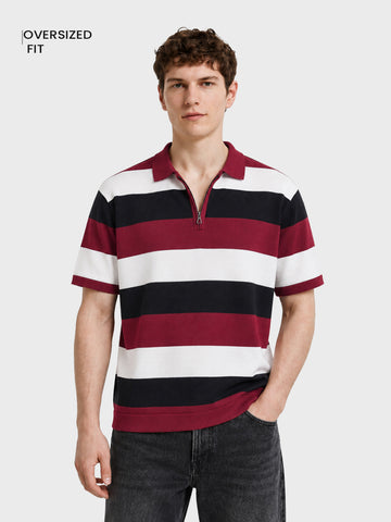 Men's Black Oversized Fit Colourblocked Flat Knit Polo T-Shirt