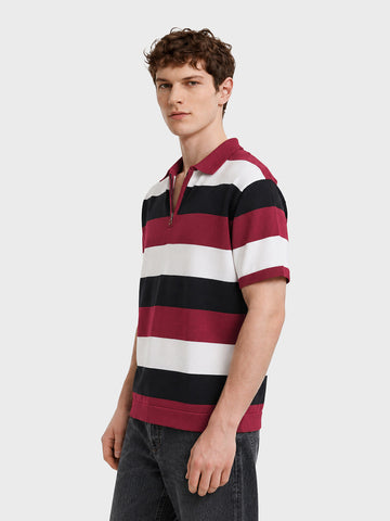 Men's Black Oversized Fit Colourblocked Flat Knit Polo T-Shirt