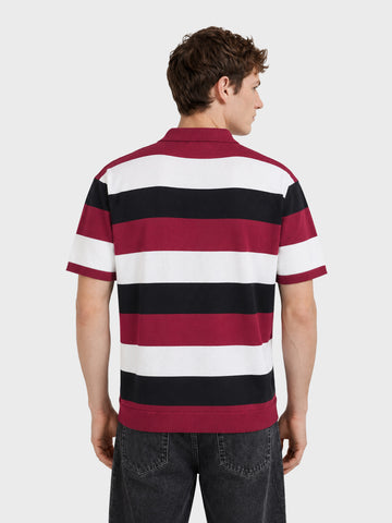 Men's Black Oversized Fit Colourblocked Flat Knit Polo T-Shirt