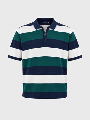 Men's Navy Blue Oversized Fit Colourblocked Flat Knit Polo T-Shirt