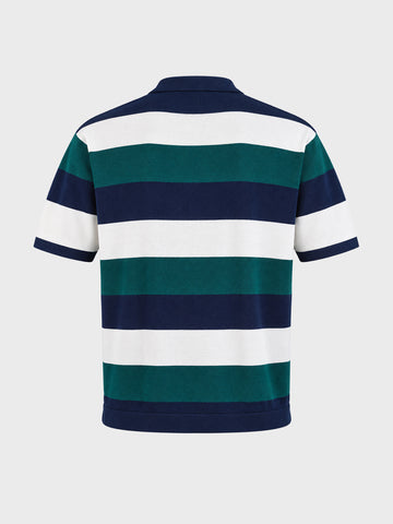 Men's Navy Blue Oversized Fit Colourblocked Flat Knit Polo T-Shirt