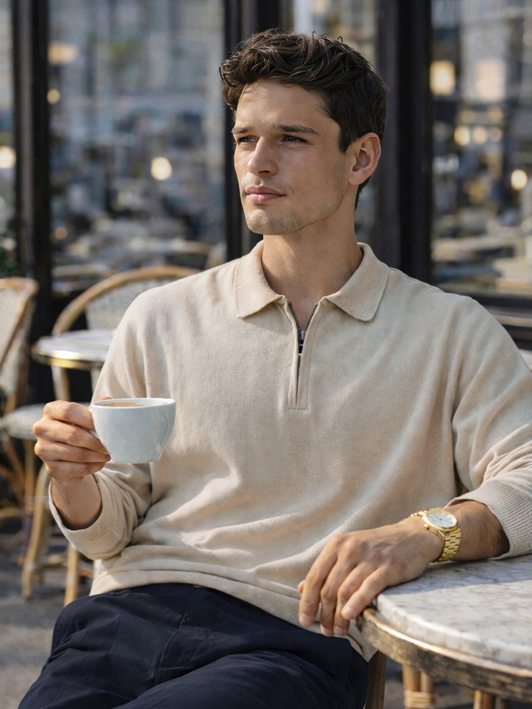 Men's Beige Oversized Fit Textured Flat Knit Polo Collar T-Shirt