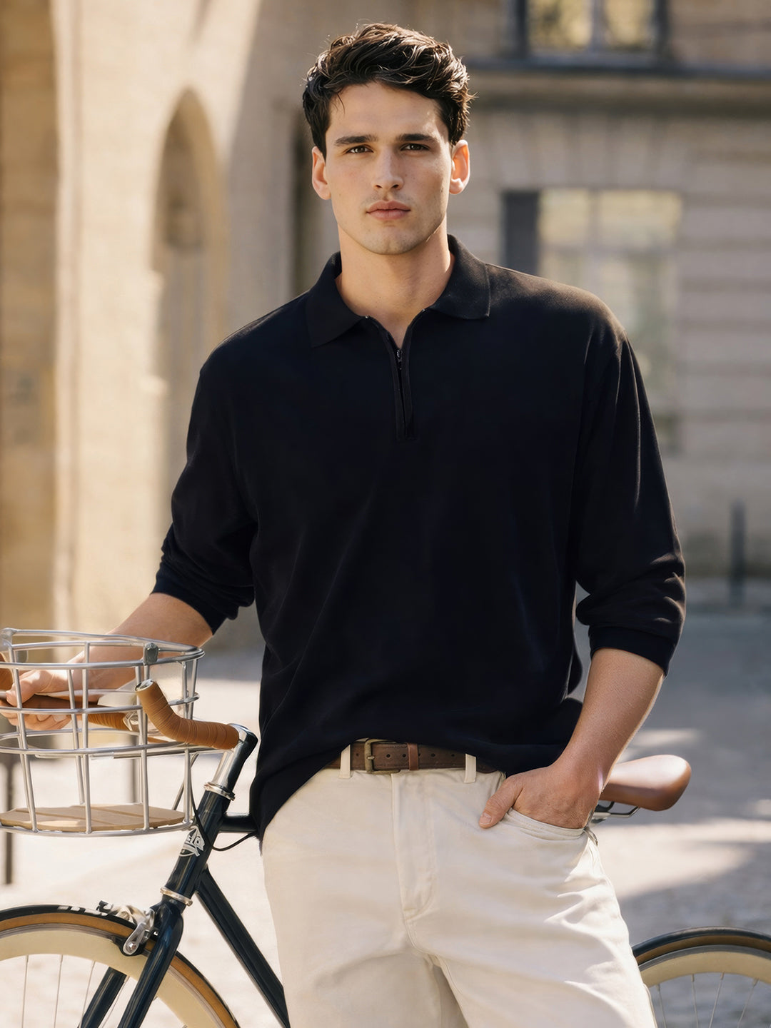 Men's Black Oversized Fit Textured Flat Knit Polo Collar T-Shirt