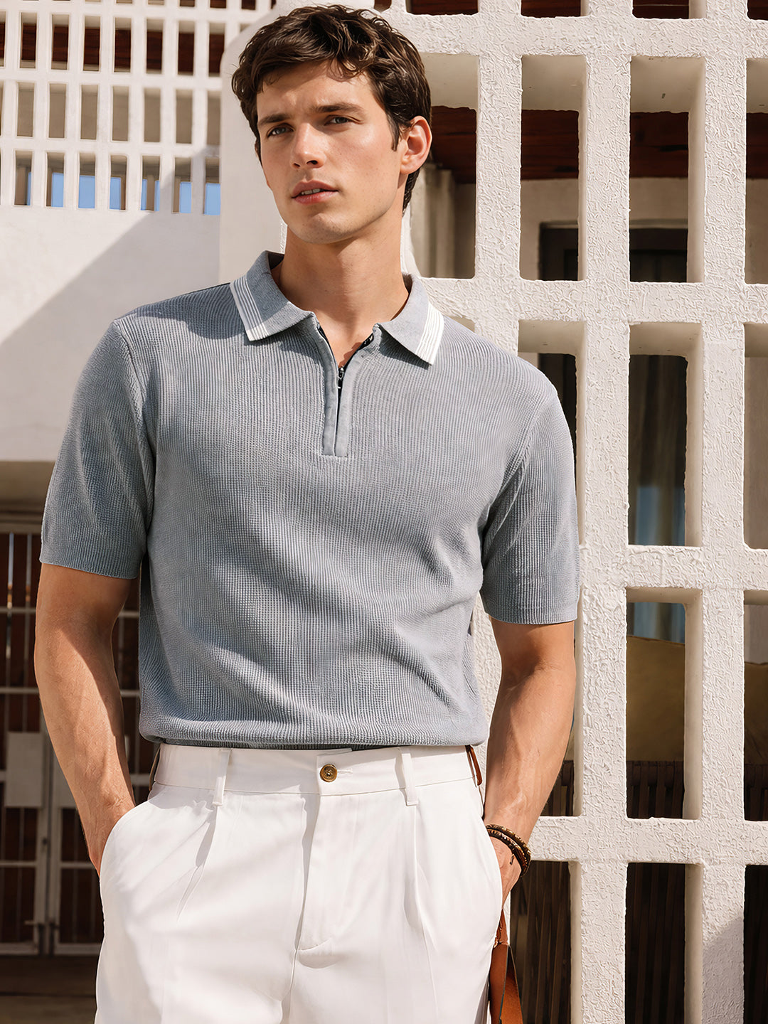Men's Grey Slim Fit Textured Flat Knit Polo Collar T-Shirt