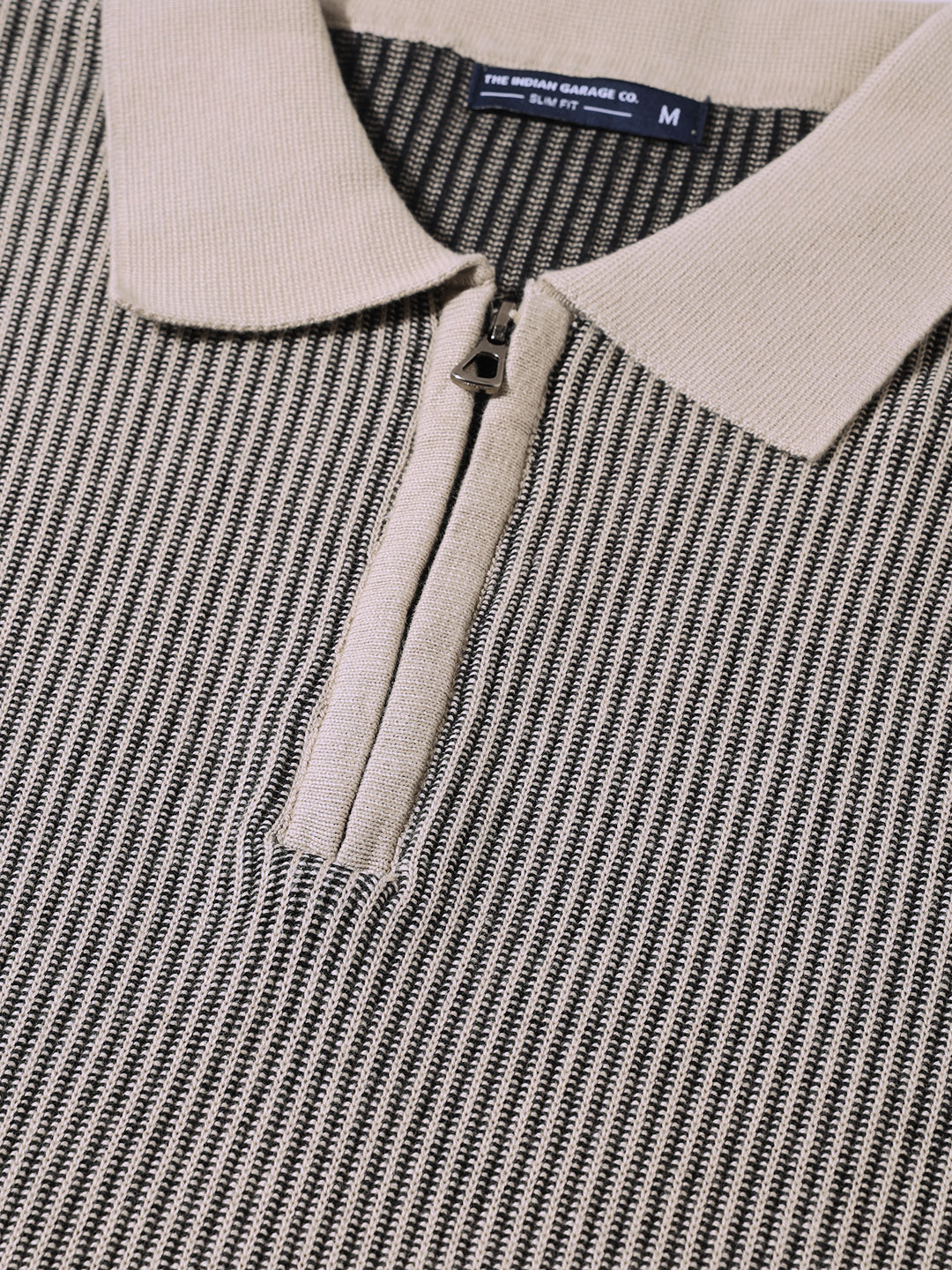 Men's Black Slim Fit Textured Flat Knit Polo Collar T-Shirt