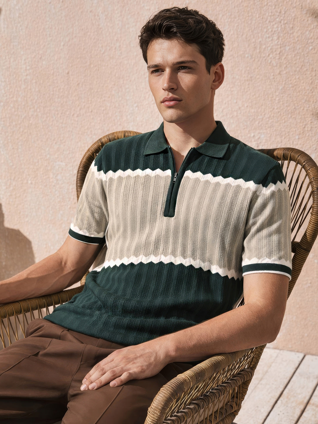 Men's Green Slim Fit Textured Flat Knit Polo Collar T-Shirt