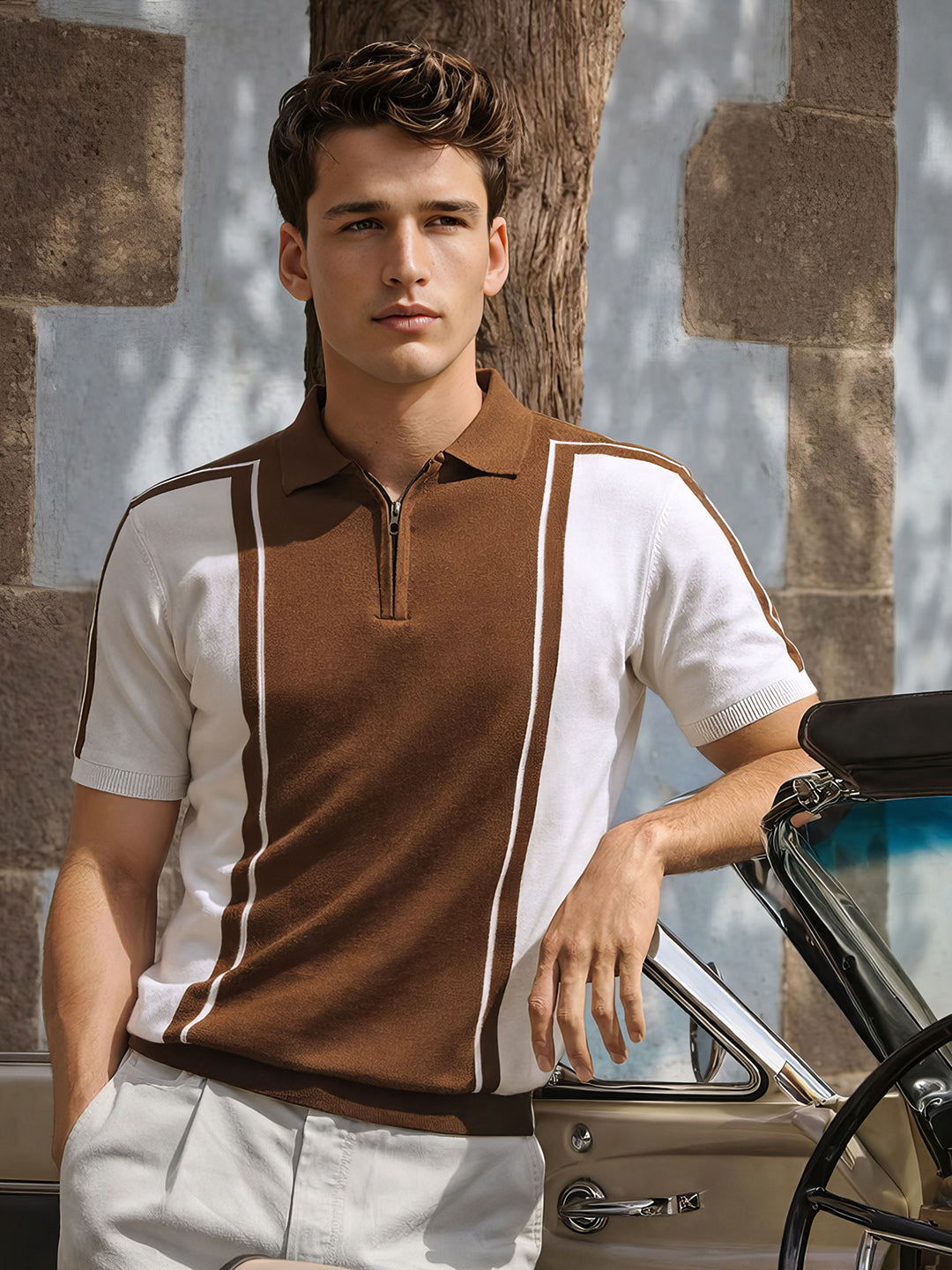 Men's White Slim Fit Textured Flat Knit Polo Collar T-Shirt