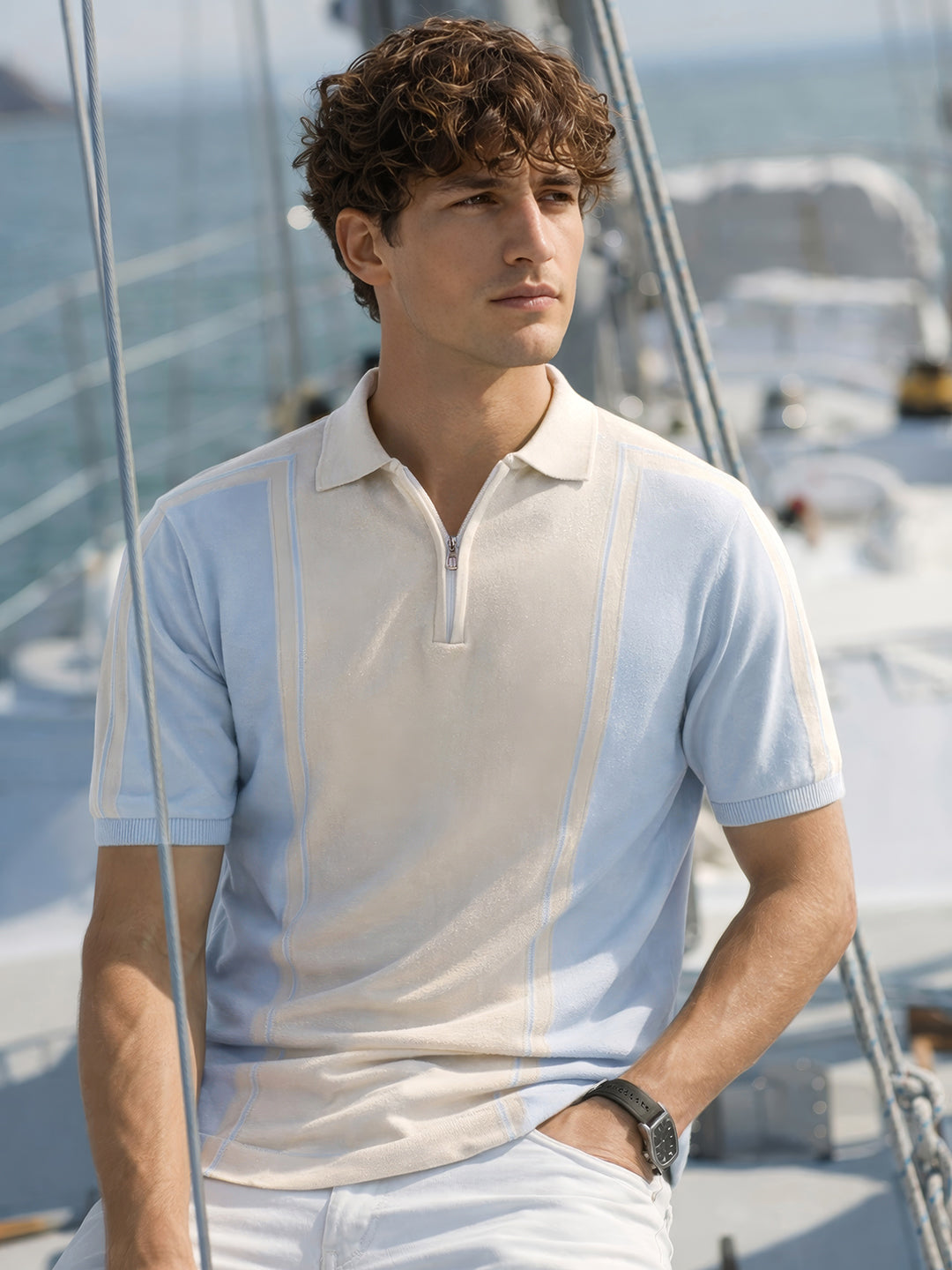 Men's Blue Slim Fit Textured Flat Knit Polo Collar T-Shirt