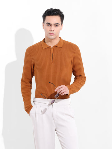 Men's Rust Slim Fit Textured Flat Knit Polo Collar T-Shirt