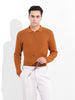 Men's Rust Slim Fit Textured Flat Knit Polo Collar T-Shirt