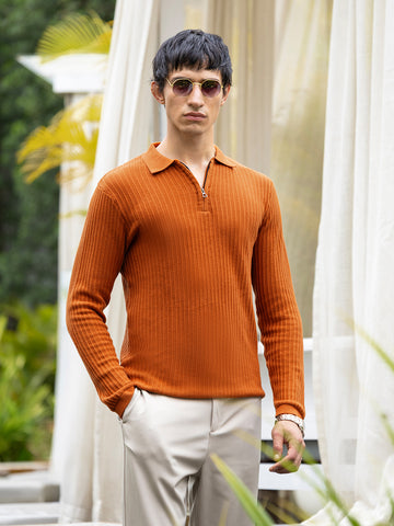 Men's Rust Slim Fit Textured Flat Knit Polo Collar T-Shirt