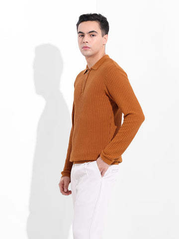 Men's Rust Slim Fit Textured Flat Knit Polo Collar T-Shirt