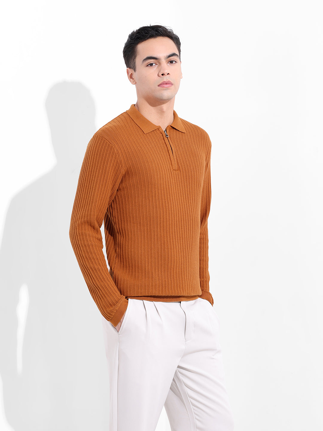 Men's Rust Slim Fit Textured Flat Knit Polo Collar T-Shirt