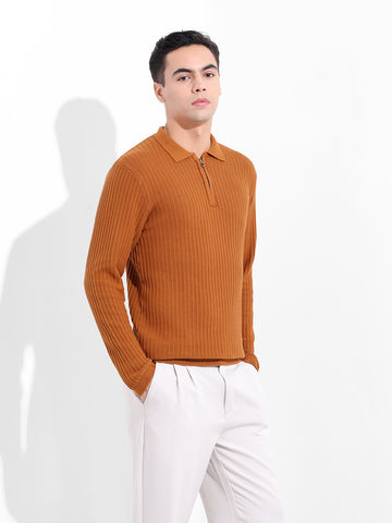 Men's Rust Slim Fit Textured Flat Knit Polo Collar T-Shirt