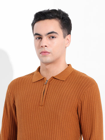 Men's Rust Slim Fit Textured Flat Knit Polo Collar T-Shirt