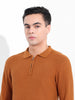 Men's Rust Slim Fit Textured Flat Knit Polo Collar T-Shirt