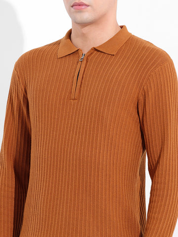 Men's Rust Slim Fit Textured Flat Knit Polo Collar T-Shirt